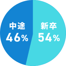 円グラフで、中途採用が46%、新卒採用が54%を占めている。