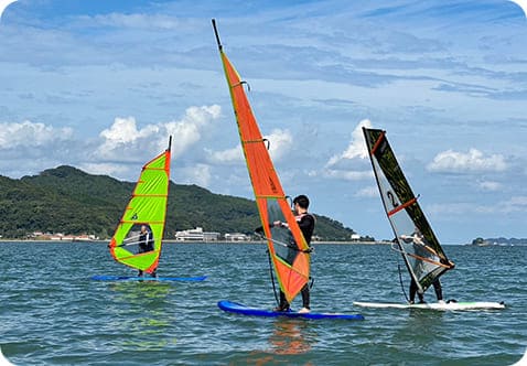 海でウィンドサーフィンをしている社員の様子。カラフルなセイルが風に乗っている。